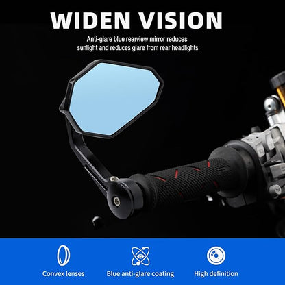 DREAMIZER Motorcycle Bar End Mirrors Black CNC Bar End Mirrors for Motorcycles Compatible with Honda Kawasaki Suzuki Scooter and More (Blue Glass Lens)