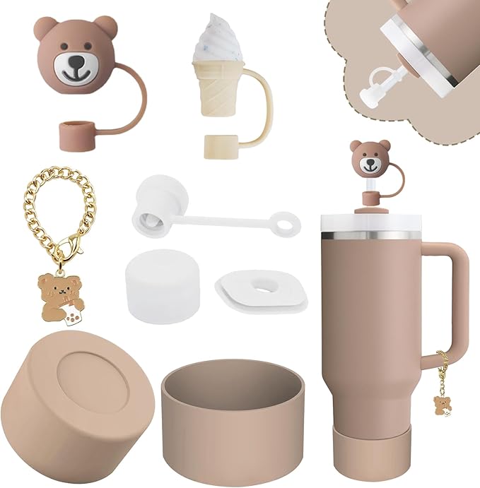 Stanley Cup Accessories Set,Including 2 Pcs 0.4in Straw Cover, 1 Silicone Spill-Proof Stopper Set of 3, 1 Cute Bear Handle Charm, 1 Silicone Boot Fits Stanley 40&30 Oz Tumbler (Almond Rose)