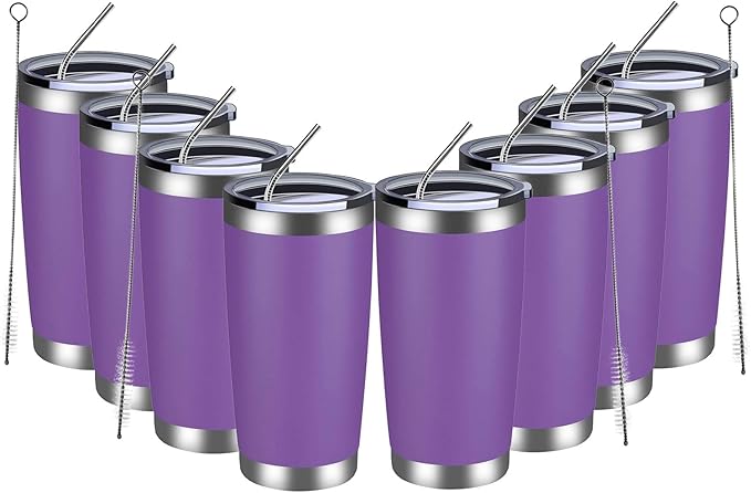 MEWAY 20oz Tumbler 8 Pack Double Wall Vacuum Insulated Travel Mug Bulk, Stainless Steel Tumblers with Lid and Straw, Durable Powder Coated Coffee Cups for Cold & Hot Drinks (Purple, 8)