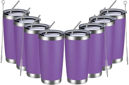 MEWAY 20oz Tumbler 8 Pack Double Wall Vacuum Insulated Travel Mug Bulk, Stainless Steel Tumblers with Lid and Straw, Durable Powder Coated Coffee Cups for Cold & Hot Drinks (Purple, 8)