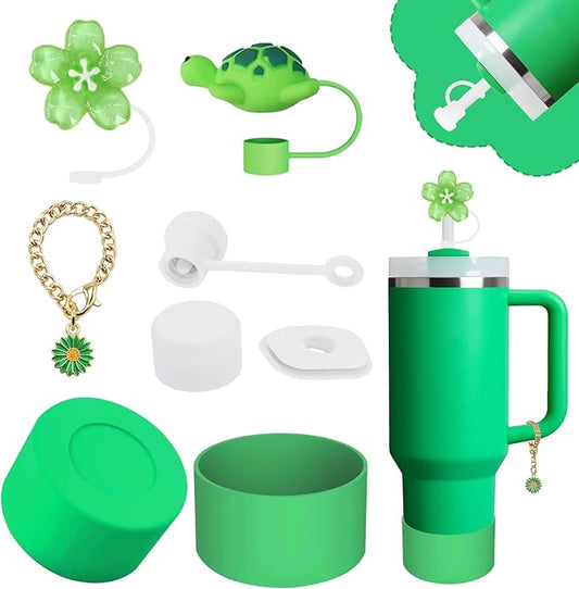 Stanley Cup Accessories Set,Including 2 Pcs 0.4in Straw Cover, 1 Silicone Spill-Proof Stopper Set of 3, 1 Cute Flower Handle Charm, 1 Silicone Boot Fits Stanley 40&30 Oz Tumbler (Meadow)