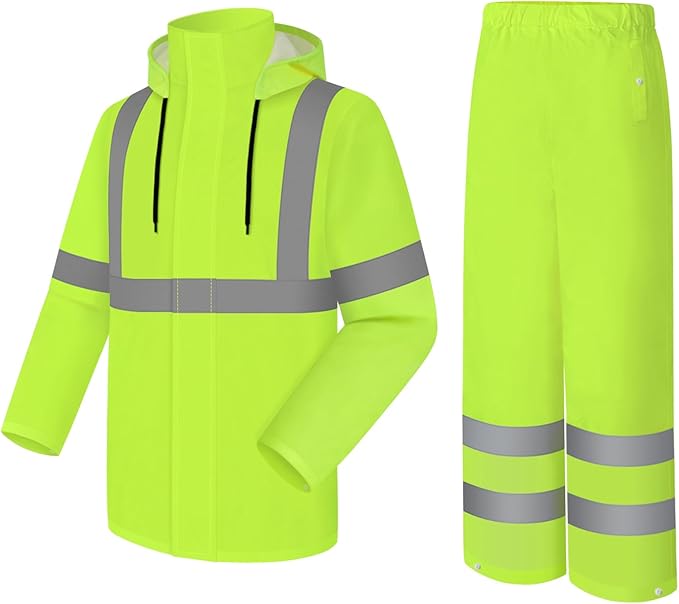 High Visibility Rain Suit - Waterproof Jacket and Pants with Hood, Class 3 Lightweight Hi Vis Rain Gear for Outdoor & Safety Work, Men Women, Yellow B, L-XL