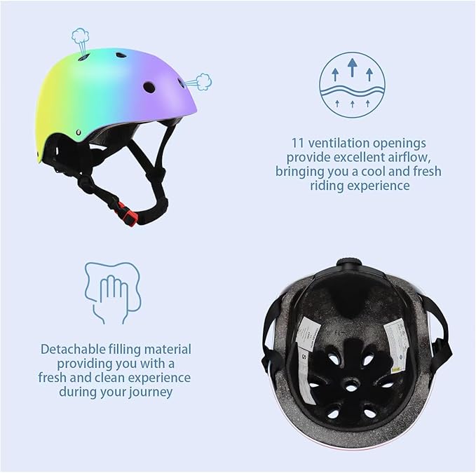 Color Gradient Adjustable Kids Bike Helmet with Knee & Elbow Pads Set | Multi-Sport Safety Gear for Boys & Girls Ages 5-14 | Skateboarding, Scooters, Roller & Inline Skating, Longboarding