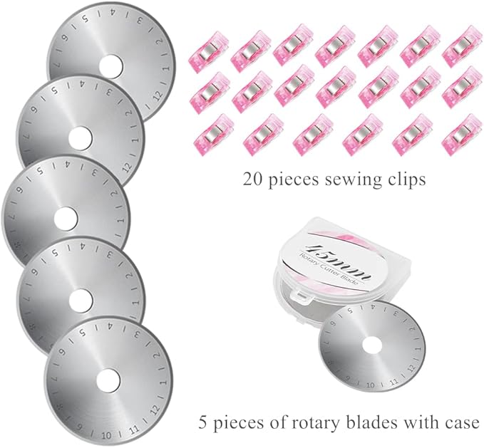 Headley Tools Rotary Cutter Set - 45mm Fabric Cutter, 5 Replacement Rotary Blades, A3 Cutting Mat, Quilting Ruler and Sewing Clips, Craft Knife Set, Ideal for Crafting, Sewing, Patchworking, Pink