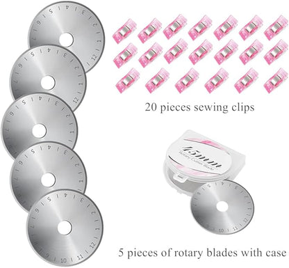 Headley Tools Rotary Cutter Set - 45mm Fabric Cutter, 5 Replacement Rotary Blades, A3 Cutting Mat, Quilting Ruler and Sewing Clips, Craft Knife Set, Ideal for Crafting, Sewing, Patchworking, Pink