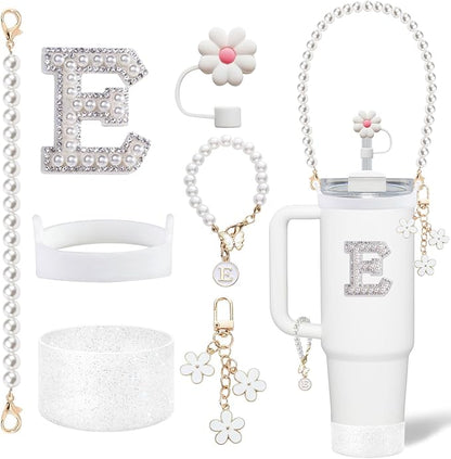 Stanley Cup Accessories Set - Including Water Bottle Carrying Pearl Strap, Handle Letter Charms Sticker, Silicone Cups Boot Straw Cover for 40oz & 30oz Tumbler Accessory Kit