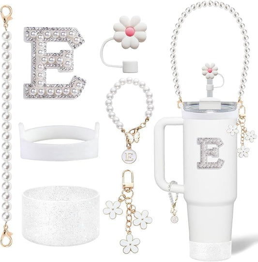 Stanley Cup Accessories Set - Including Water Bottle Carrying Pearl Strap, Handle Letter Charms Sticker, Silicone Cups Boot Straw Cover for 40oz & 30oz Tumbler Accessory Kit