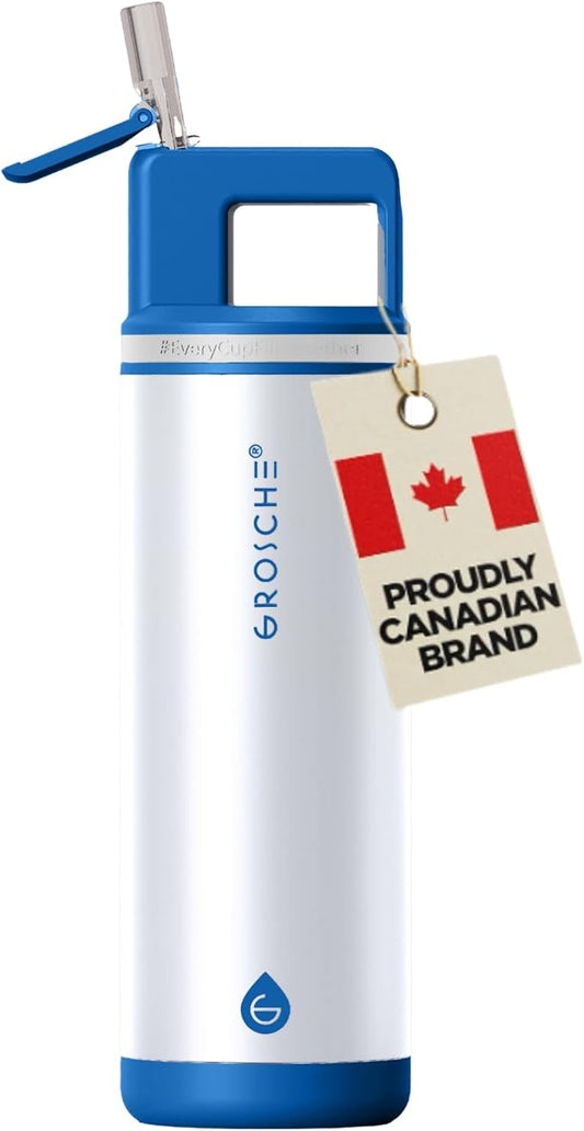 GROSCHE Alpine Shimmer Flip 'N Sip 20oz Insulated Water Bottle - Stainless Steel, Leakproof Flask with Straw, Perfect for Gym, Travel & Outdoor Use, Canadian Brand! - 20 fl. oz, Glacier White
