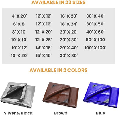 WHITEDUCK 20' x 30' Super Heavy Duty Poly Tarp Thick 16 Mil, Waterproof 100% UV Resistant Rip/Tear Proof Tarp w/Rustproof Grommets & Reinforced Edges (Blue,16 mil Finished Size: 19'6"x29'6")