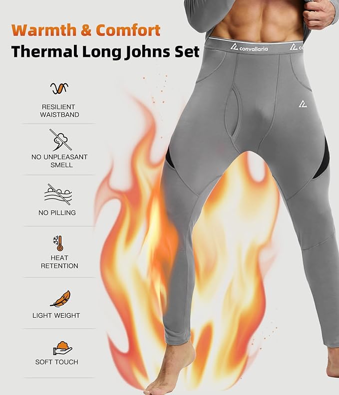 CL convallaria Mens Thermal Underwear Set with Fly Long Johns Base Layer Winter Hunting Gear Sport Top and Bottom