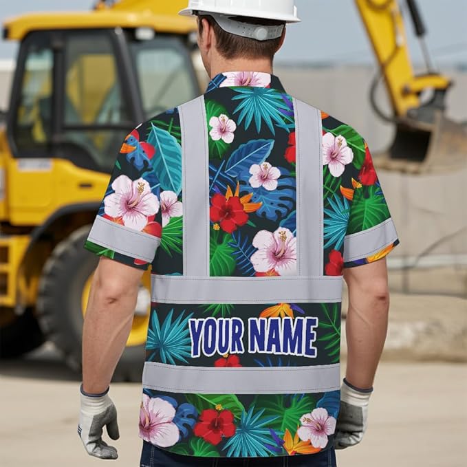 High Visibility Hawaiian Shirt for Men Tropical Shirts Custom Name Floral Outfit Reflective Safety Workwear