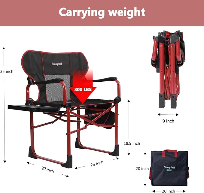 SUNNYFEEL Camping Directors Chair Aluminum Oversized Portable Folding Chair with Side Pocket and Adjustable Side Table for Beach, Fishing, Trip, Picnic, Lawn, Concert Outdoor Foldable Camp Chairs