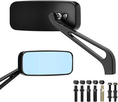 Motorcycle Rectangle Rearview Mirror 8mm 10mm Blue Lens Side Mirrors 360 Degree Black Universal Replacement for Harley Softail Touring Sportster Cruiser Street Bike Scooter Chopper