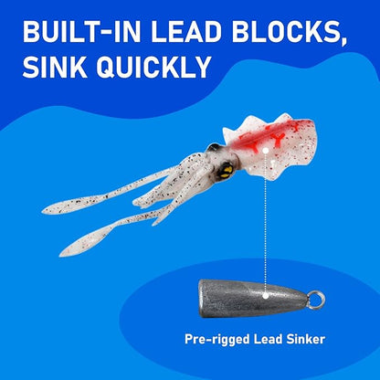 Squid Fishing Lures Large Simulation Luminous Artificial Lures Baits with 3D Holographic Eyes & Treble Hook, Built in Lead Blocks, Lifelike Plastic Fishing Soft Lures for Saltwater Fishing
