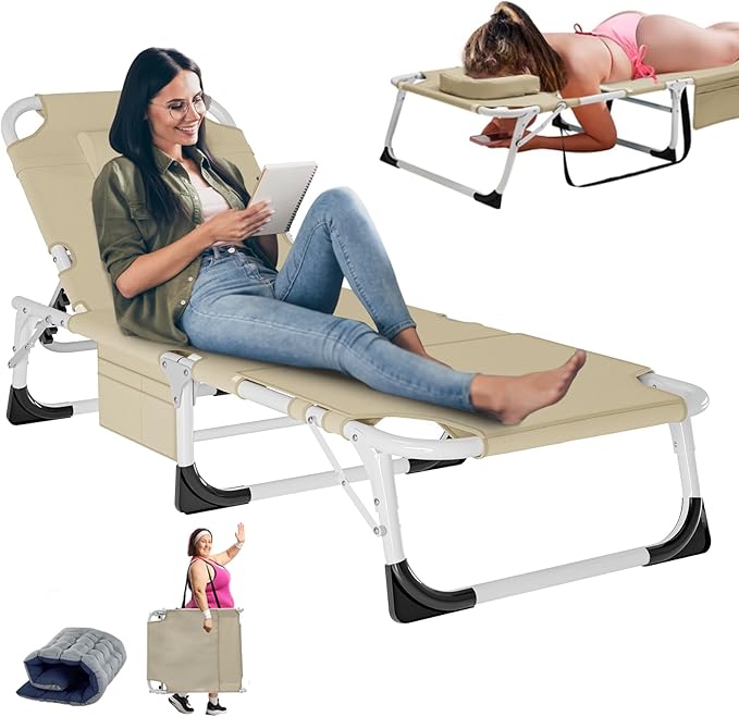 LILYPELLE Folding Chaise Lounge Chair with Mattress, 5 Position Beach Chair with Face Hole, Patio Chaise Lounge Chairs for Outside, Sunbathing, Camping, Pool, Beach, Poolside