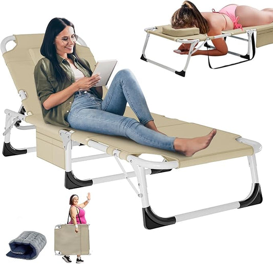 LILYPELLE Folding Chaise Lounge Chair with Mattress, 5 Position Beach Chair with Face Hole, Patio Chaise Lounge Chairs for Outside, Sunbathing, Camping, Pool, Beach, Poolside
