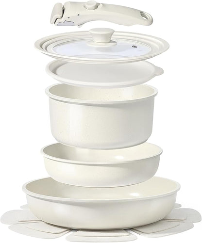 GiPP Ceramic Pots and Pans Set Non Stick, Nonstick Detachable Handle Cookware Sets, Healthy Non Toxic PFAS PFOA & PTFE Free, Dishwasher ＆Oven Safe, Induction Kitchen Pot and Pan, 8 Piece Cream