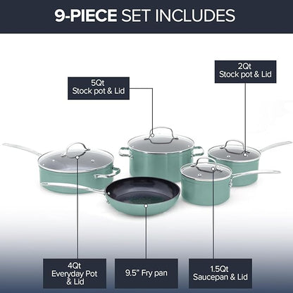 Nuwave Healthy Duralon Blue Ceramic Nonstick Coated 9pc Cookware Set, Scratch-Resistant Diamond Infused, PFAS Free, Induction Ready & Evenly Heats, Oven Safe, Tempered Glass Lids