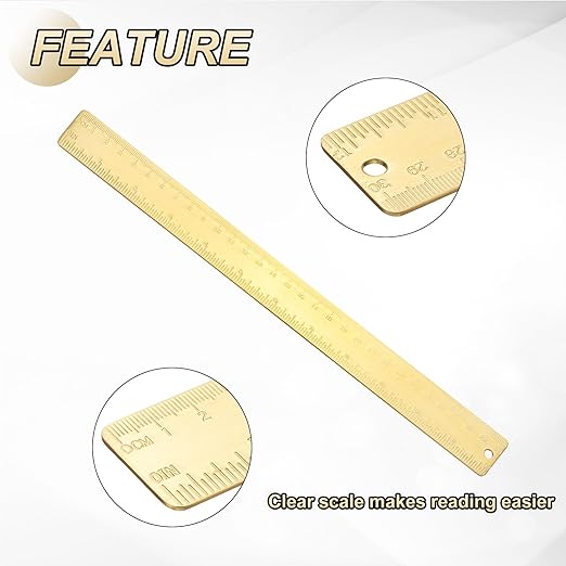 uxcell Metal Straight Ruler 300mm Brass Straight Edge Rule Precision Double Scales Metric Measurement Tool Drawing Measuring Ruler Gold 2 Pcs