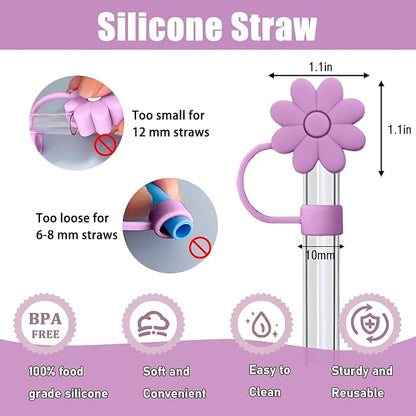 4PCS Silicone Straw Covers Toppers for Stanley Cups 30&40 Oz Tumbler Accessories Flower Straw Caps Purple Red Dust-Proof Reusable Straws Tips Protectors for Stanley Cup 10mm 0.4in Straws