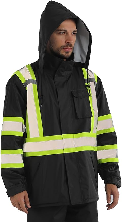 sesafety Hi Vis Rain Jacket, Rain Suits for Men Waterproof withBlack Bottom, Rain Coats for Men Interior Mesh, Class 3 HighVisibility Rain Gear,Removable Hood