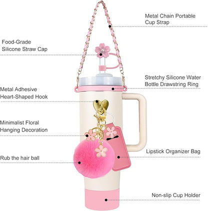 Velaco 11 PCS Accessories for Stanley Cup, Water Bottle Handle Strap for Stanley 30/40 oz tumbler with handle, including Straw Toppers, Silicone Cup Boot, Keychain Charms - PINK