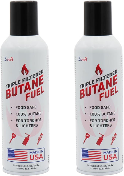 ZeroR® 100% Butane Fuel Refill | 10.67 fl oz 315ml | Made in USA | Butane Refill for Torch Lighter, Kitchen Torch, Refillable Lighters, 2 Cans