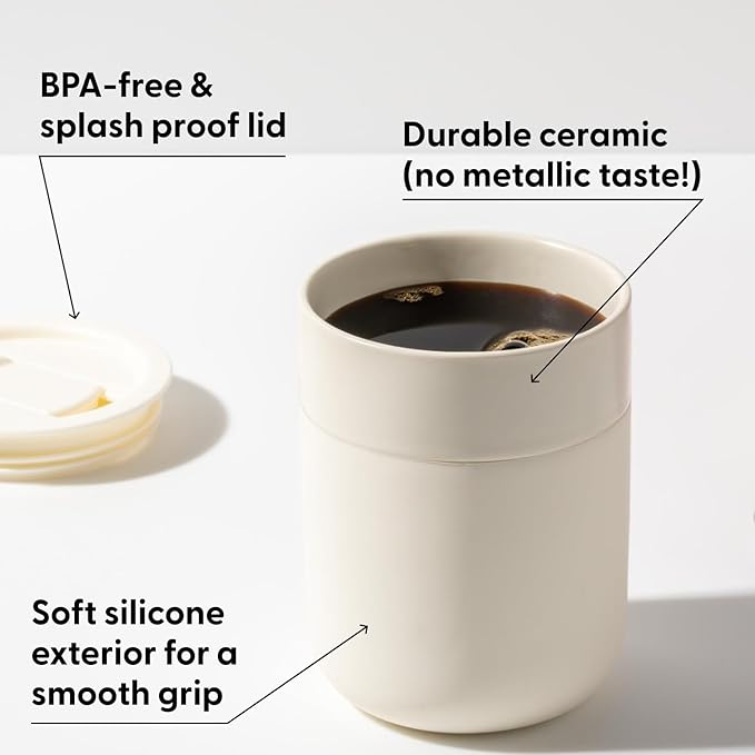 W&P Porter Ceramic Mug w/ Protective Silicone Sleeve, Terrazzo Blush 12 Ounces | On-the-Go | Reusable Cup for Coffee or Tea | Portable | Dishwasher Safe