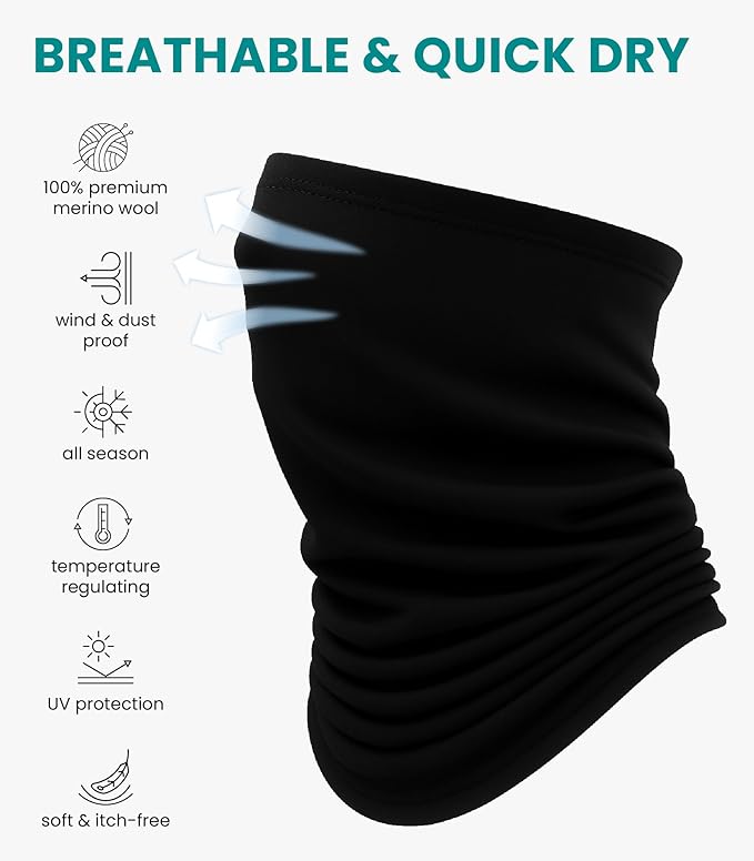 Merino.tech Merino Wool Ski Neck Gaiter - Face Mask Neck Warmer for Men & Women