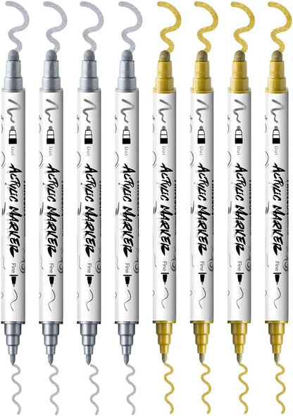 TRANSON 4 Silver and 4 Gold Paint Markers Bold and Fine Dual-tip Acrylic Paint Marker Set for Rock Painting Glass Canvas Wood Leather Ceramic Painting