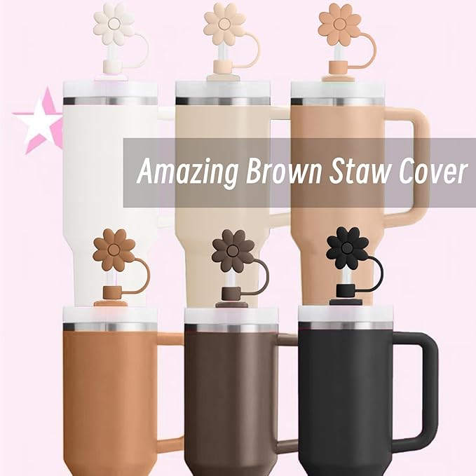 Brown Series Silicone Straw Covers Toppers for Stanley Cups 30&40 Oz Tumbler Accessories 6PCS Flower Straw Caps Dust-Proof Reusable Straws Tips Protectors for Stanley Cup 10mm 0.4in Straws