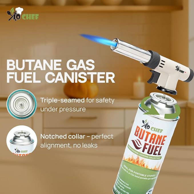 Jo Chef Butane Fuel Canister, 8 oz Butane Cylinder - Pure Refined Gas for Camping Stove or Creme Brulee Blow Torch, 2 Cans