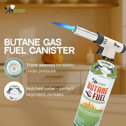 Jo Chef Butane Fuel Canister, 8 oz Butane Cylinder - Pure Refined Gas for Camping Stove or Creme Brulee Blow Torch, 8 Cans