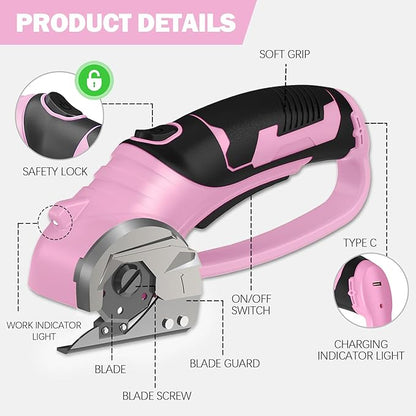 Cordless Electric Scissors, 4V Box Cutter & Cardboard Cutter with Upgrade Blade, LED Light, Safety Lock - Rechargeable Rotary Cutter for Fabric, Leather, Plastic, Crafting, Sewing, Industrial (Pink)