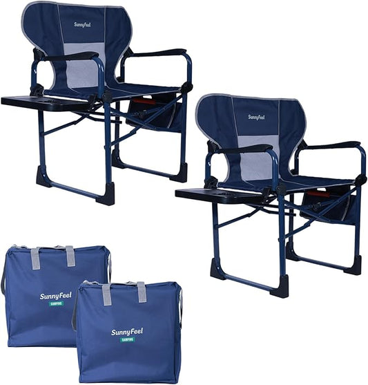 SUNNYFEEL Camping Directors Chair Set of 2 Aluminum Oversized Portable Folding Chair with Side Pocket and Adjustable Side Table for Beach, Fishing, Trip, Picnic, Lawn, Outdoor Foldable Camp Chairs