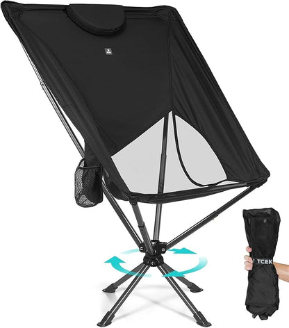 Swivel Portable High Back Camping Chair Small Compact Lightweight Folding Chairs for Adults, Outdoor Collapsible Backpack Chair for Camp, Travel, Sports, Easy Carry and Quick Setup