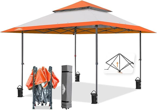 EAGLE PEAK 13x13 Straight Leg Pop Up Canopy Tent Instant Outdoor Canopy Easy Single Person Set up Folding Shelter w/Auto Extending Eaves 169 Square Feet of Shade (Orange)