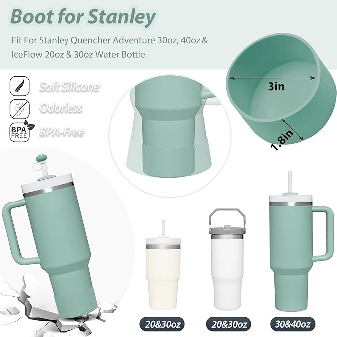 Stanley Silicone Accessories Set: 6 Pcs Spill-Proof Stopper, 2 Straw Covers, 1 Silicone Boot for 40oz & 30oz Tumbler (Eucalyptus)