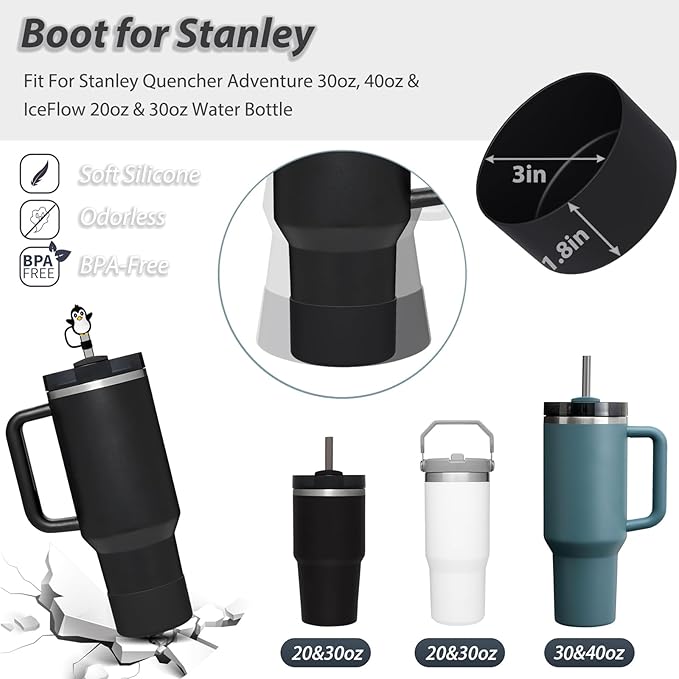 Stanley Cup Accessories Set: Silicone Spill Proof Stopper, Straw Cover Cap, Silicone Boot for 40oz & 30oz Tumbler (BLACK)