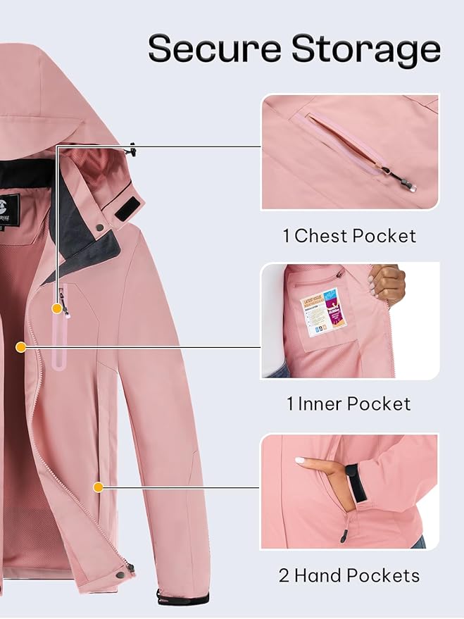 Womens Waterproof Rain jacket Lightweight Active Outdoor Raincoat with Removable Hood