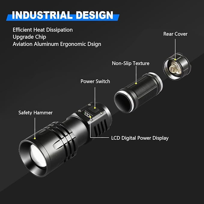 Rechargeable LED Flashlights 10000.00 High Lumens,𝟐𝟎𝟐𝟓 𝐍𝐞𝐰 High Powered Waterproof Tactical Flashlight Spotlight Flashlight for Home, Bright Flashlight Black for Outdoor Camping Emergency