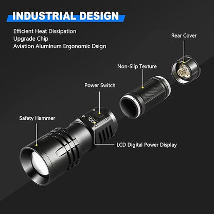 Rechargeable LED Flashlights 10000.00 High Lumens,𝟐𝟎𝟐𝟓 𝐍𝐞𝐰 High Powered Waterproof Tactical Flashlight Spotlight Flashlight for Home, Bright Flashlight Black for Outdoor Camping Emergency