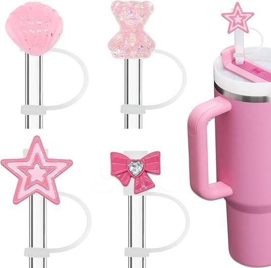 4 PCs Bling Straw Cover Cap for Stanley Cup including Bear, Bow, Shell, Star Straw Toppers, Cute Pink Straw Cover Cap Accessories for 20 30 40 oz Tumblers