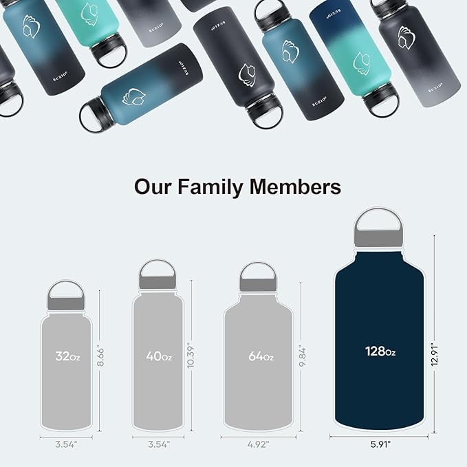 BUZIO Gallon Water Bottle Insulated with straw and 3 lids, 128 oz Water Jug Large Vacuum Stainless Steel Metal Flask, Leak Proof & BPA-Free, Cold for 48 Hrs, Black