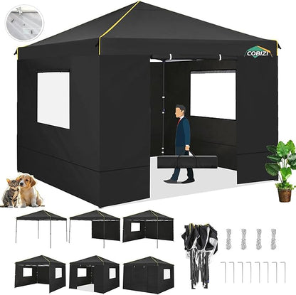 10x10 Pop Up Canopy Tent with 4 Sidewalls and Mesh Windows 2.0, Waterproof Commercial Instant Gazebo Tent Outdoor Canopy Tents for Party/Exhibition/Picnic with Carry Bag,4 Stakes & Ropes (Black)