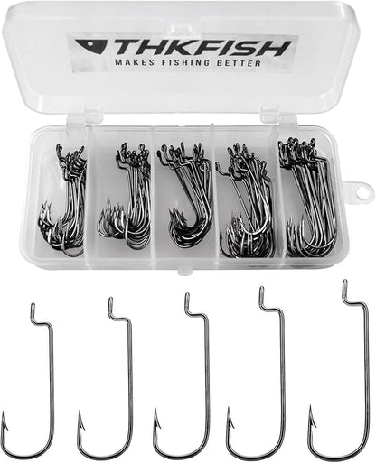 THKFISH 50pcs/100pcs/box Offset Worm Hook Fishing Hook Set Dropshot Hook Set Rubber Fish Jigs Fishing Kit # 2# 1 1/0 2/0 3/0