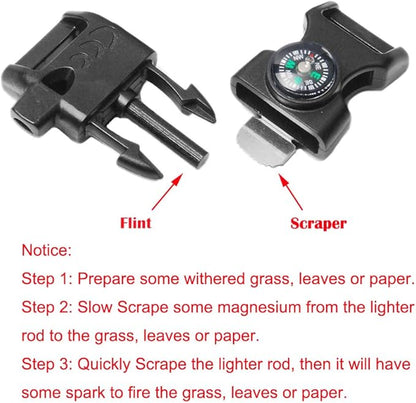 10pcs Pack Black 5/8" Compass Flint Scraper Fire Starter Whistle Buckle Plastic Paracord Bracelet Outdoor Camping Emergency Survival Travel Kits #FLC158-FWC(Black)