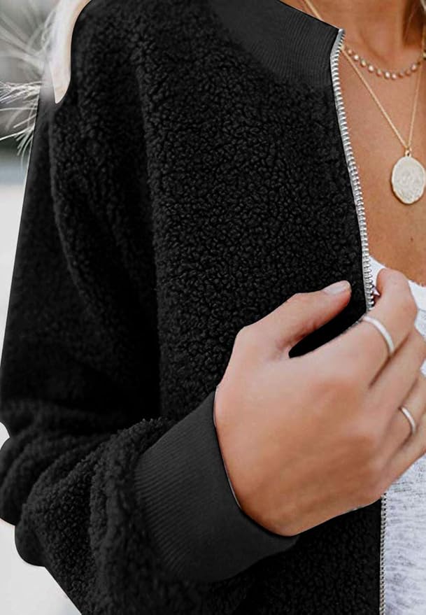 MIROL Women's Fall Trendy Fleece Jacket Faux Sherpa Fuzzy Casual Long Sleeve Zip Up Loose Fit Bomber Winter Coat