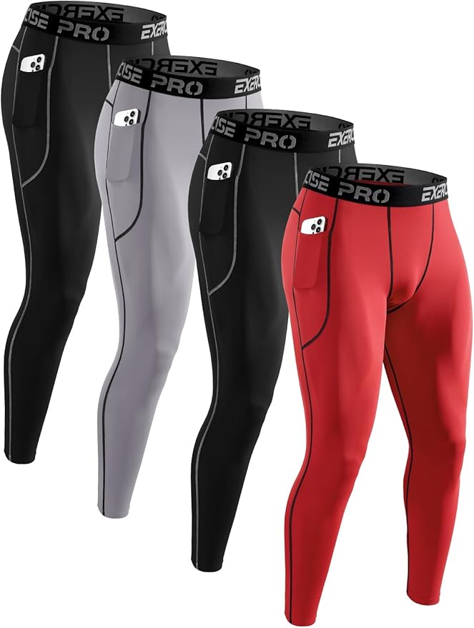 4 Pack Men’s Compression Pants Running Tights Workout Leggings for Men Athletic Base Layer Bottoms with Pockets