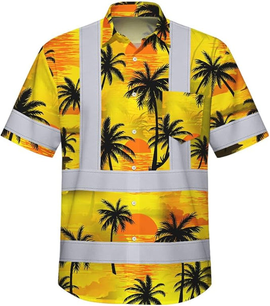High Visibility Hawaiian Shirt for Men Tropical Shirts Custom Name Floral Outfit Reflective Safety Workwear